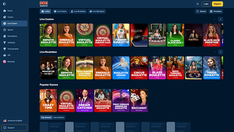 Живой дилер на ПК в Spinbookie Casino
