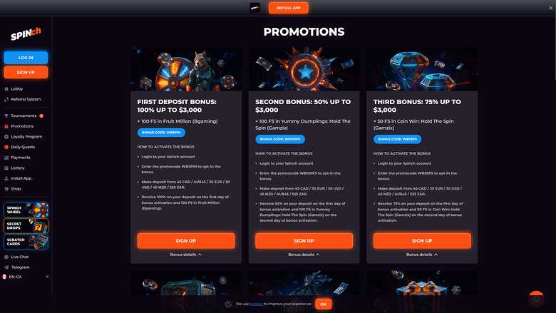 Spinch Casino Desktop-Aktionen