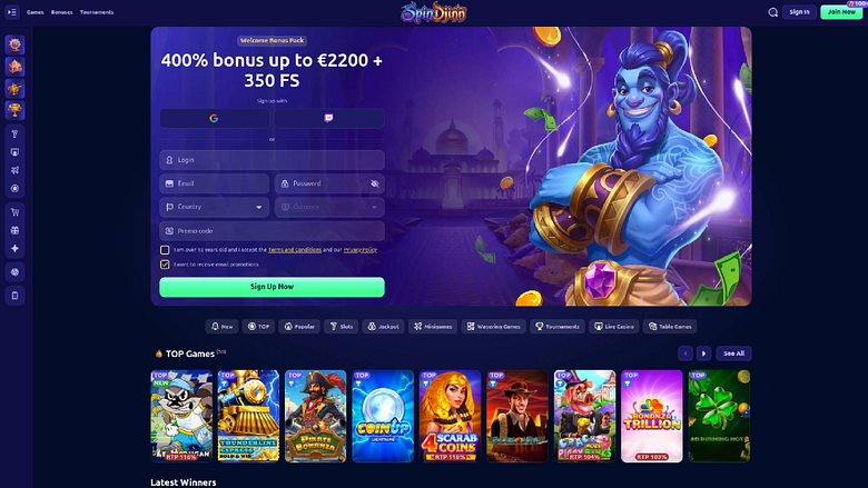 Pagina iniziale desktop di SpinDjinn Casino