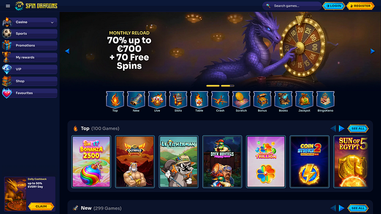 Page d'accueil du casino SpinDragons pour ordinateur