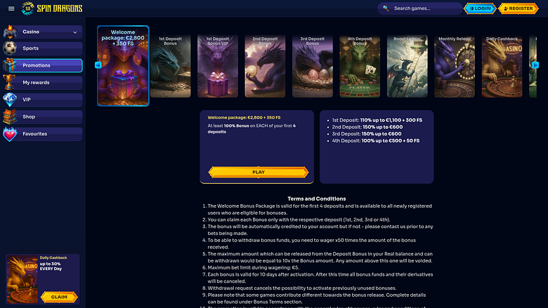 Promotions pour ordinateur de bureau du casino SpinDragons