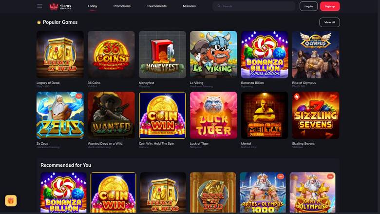 Screenshot della pagina dei giochi di SpinEmpire Casino