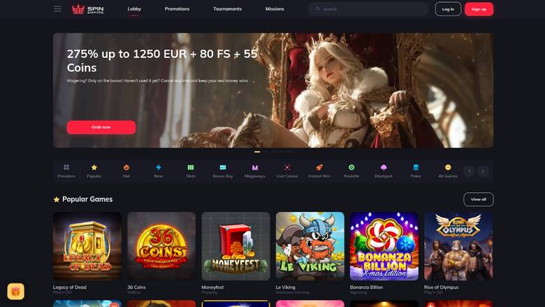 Screenshot della homepage di SpinEmpire Casino