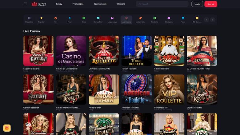 Screenshot della pagina live di SpinEmpire Casino