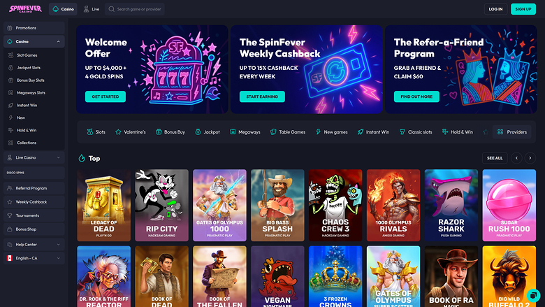 Page d'accueil du casino Spinfever pour ordinateur