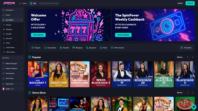 Casino Spinfever pour ordinateur avec croupier en direct