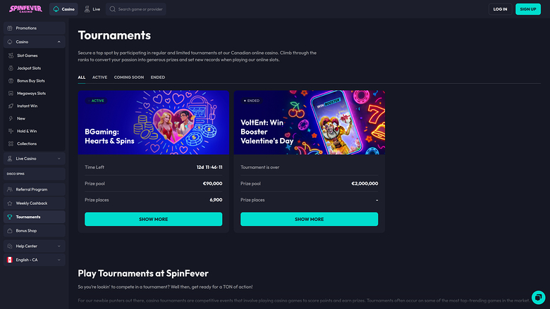 Tournois de casino Spinfever sur ordinateur