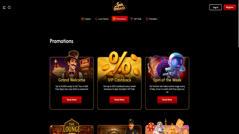 Screenshot der Werbeaktionen von Spingrande Casino für Desktop