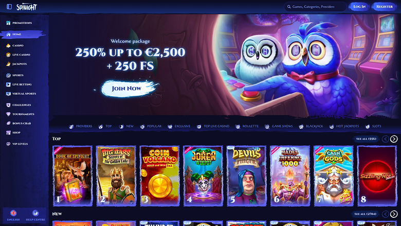 Page d'accueil de Spinight Casino pour ordinateur