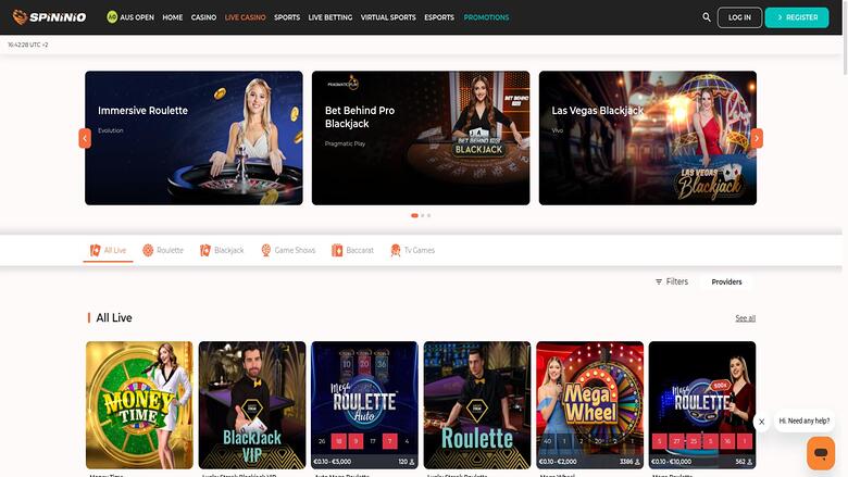 Spininio Casino live dealer page