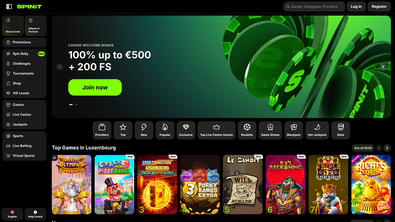 Page d'accueil du casino Spinit.com pour ordinateur