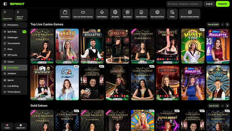 Casino Spinit.com pour ordinateur avec croupier en direct