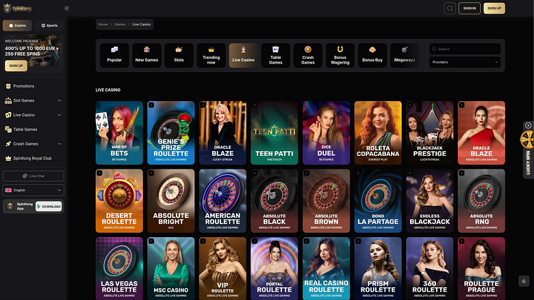 SpinKong Casino live dealer page
