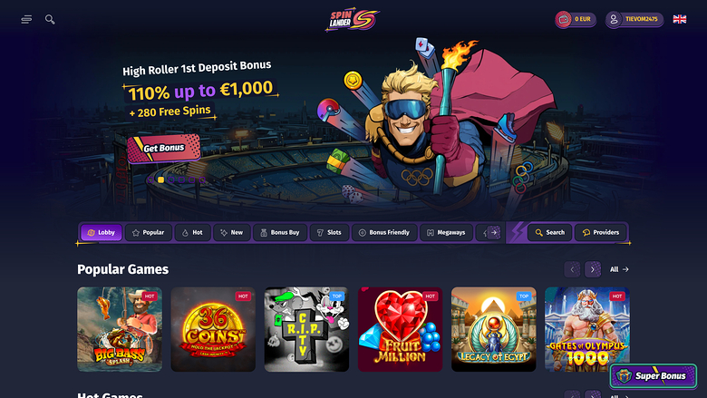 Page d'accueil du casino Spinlander pour ordinateur