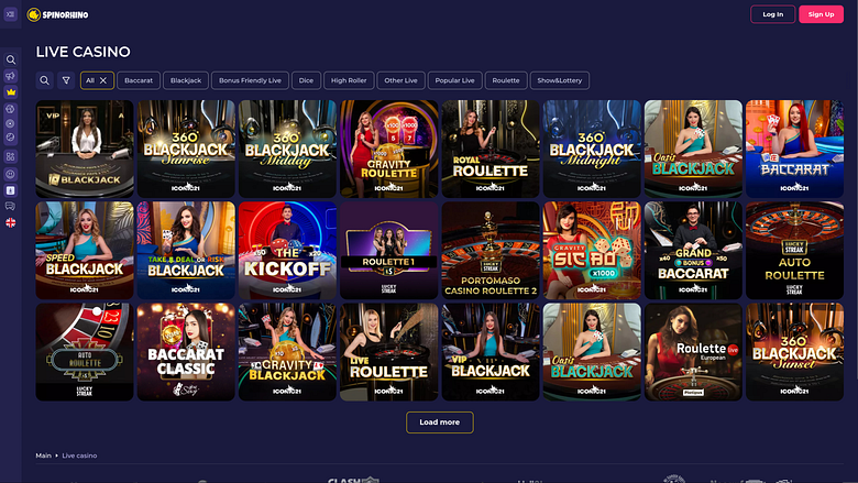 Casino Spinorhino con crupier en vivo para escritorio