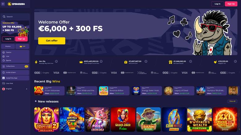 Homepage screenshot of Spinorhino Casino