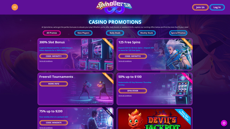Spinoverse Casino Desktop Promotions