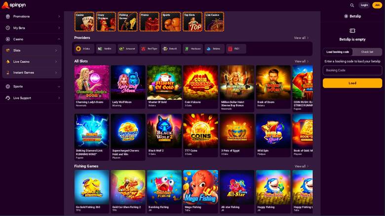 Homepage screenshot of SpinPin Casino