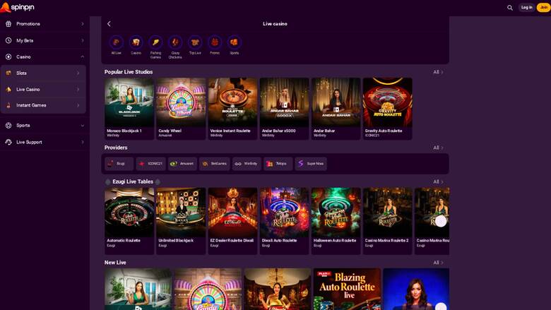 Live page screenshot of SpinPin Casino