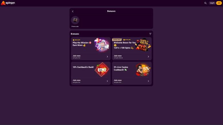 Promotions page screenshot of SpinPin Casino