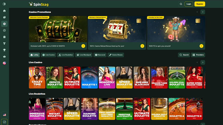 Screenshot in diretta della pagina di SpinStag Casino