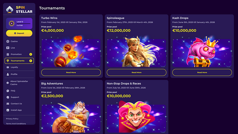 Турниры Spinstellar Casino для настольных компьютеров