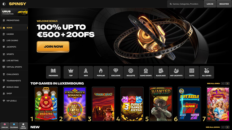 Spinsy Casino Desktop Homepage