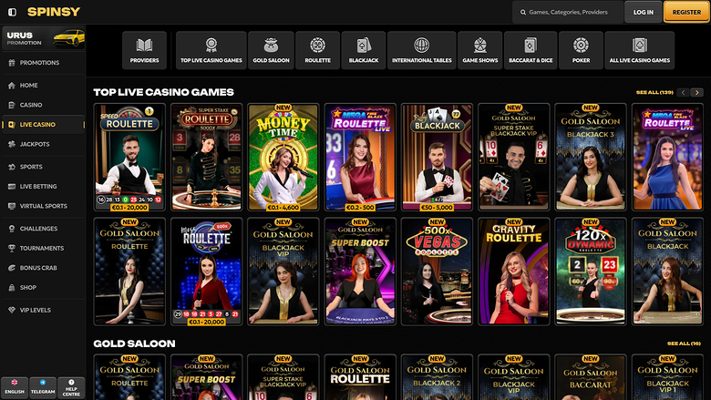 Spinsy Casino Desktop Live Dealer