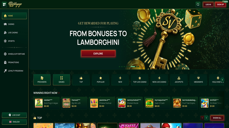 Capture d'écran de la page d'accueil du casino SpinVoyage pour ordinateur de bureau
