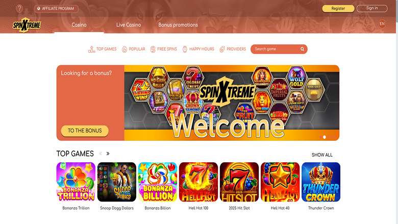 Capture d'écran de la page d'accueil de Spinxtreme pour ordinateur