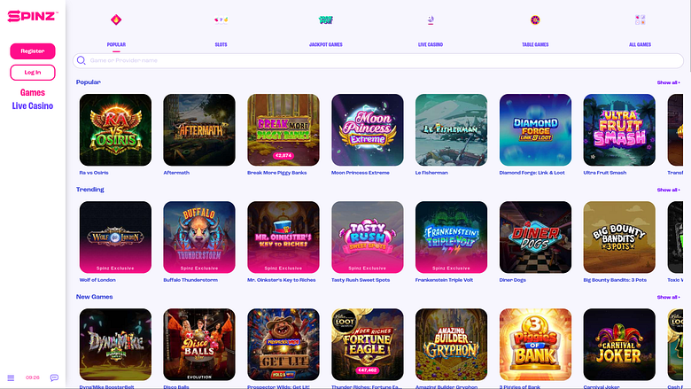 Juegos de escritorio de Spinz Casino