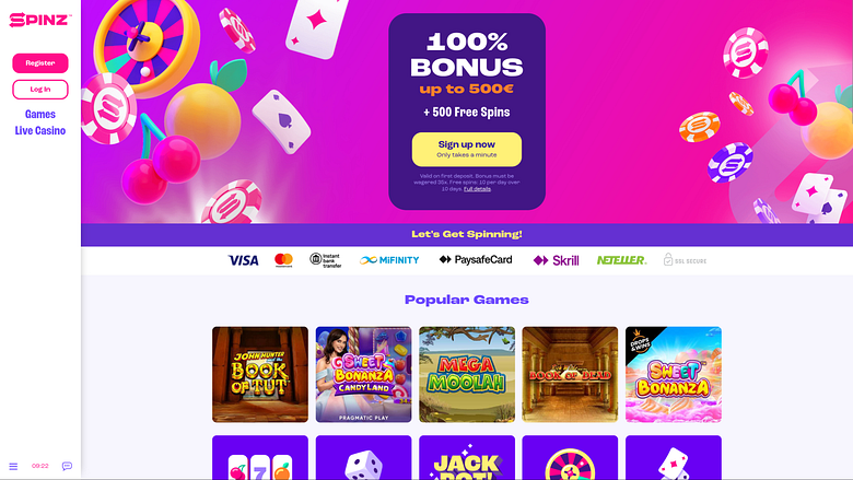 Página de inicio de Spinz Casino para escritorio