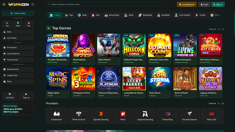 Page d'accueil de Spinzen Casino pour ordinateur