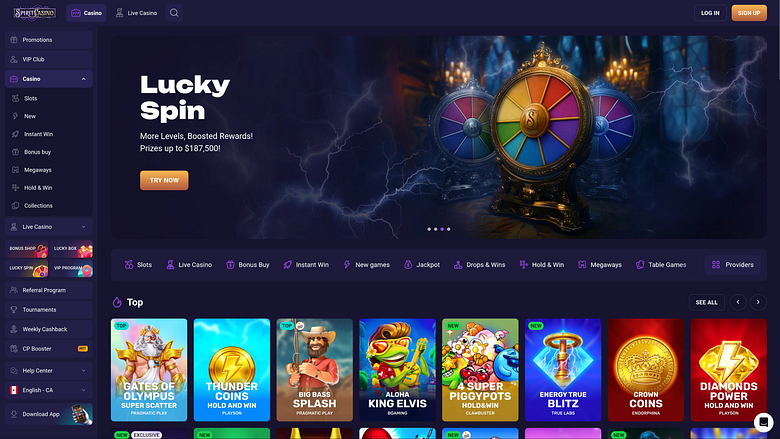Page d'accueil de Spirit Casino pour ordinateur