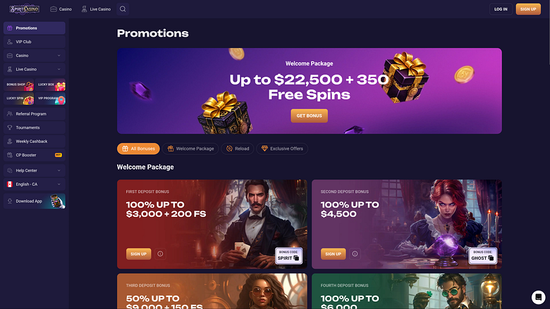 Promotions Spirit Casino sur ordinateur