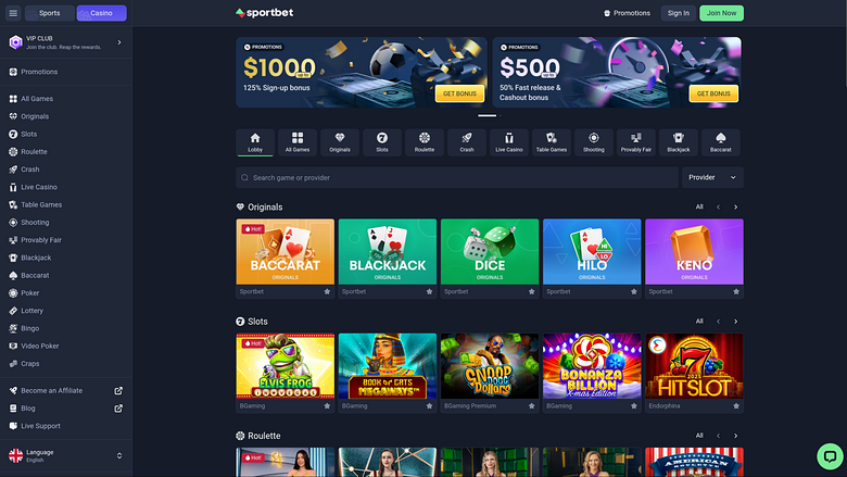 Page d'accueil du casino Sportbet pour ordinateur