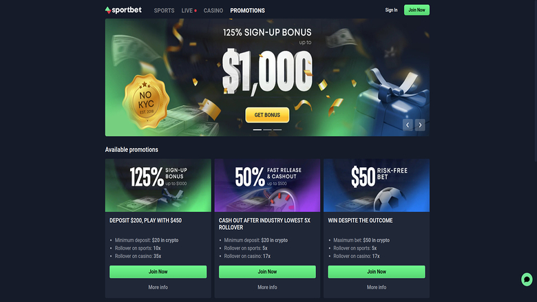 Capture d'écran des promotions du casino Sportbet pour ordinateur de bureau