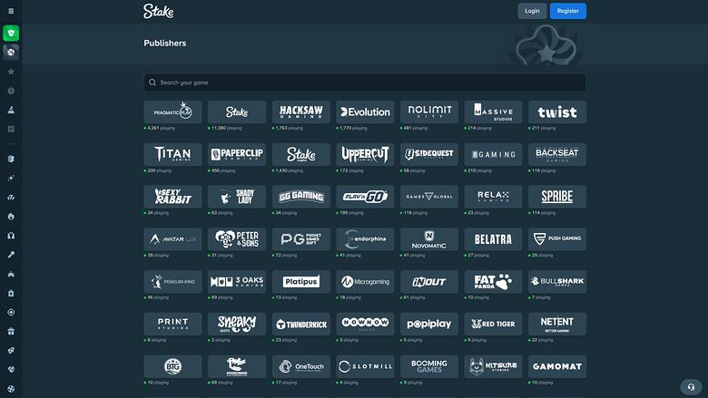 Stake Casino game developers page