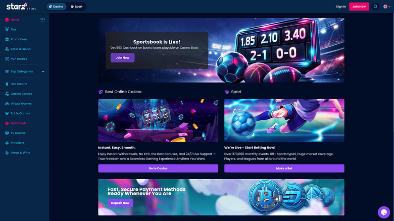 Screenshot der Startseite von StarzSpins Casino für Desktop