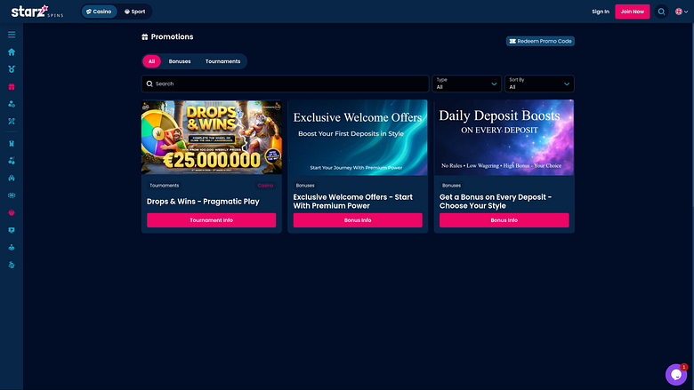 Screenshot der Werbeaktionen im StarzSpins Casino für Desktop