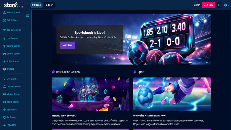 Homepage screenshot of StarzSpins Casino for Desktop