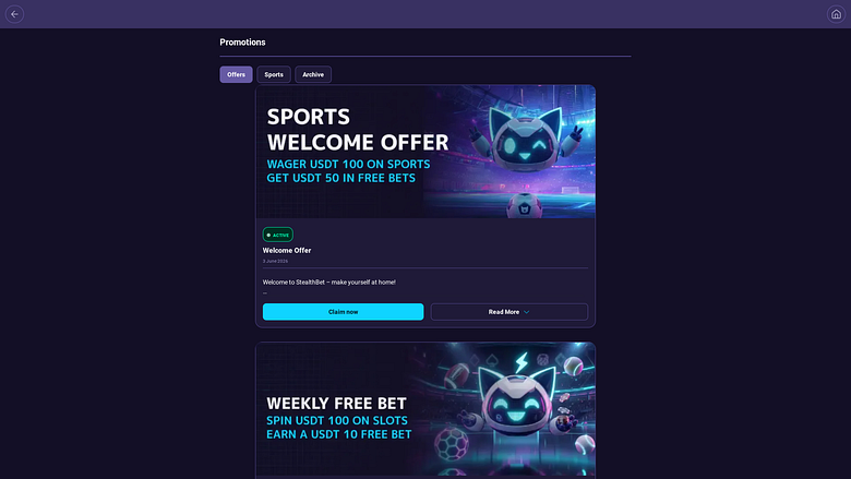 Screenshot delle promozioni di StealthBet Casino