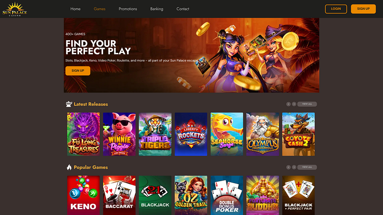 Page d'accueil du casino Sun Palace version ordinateur