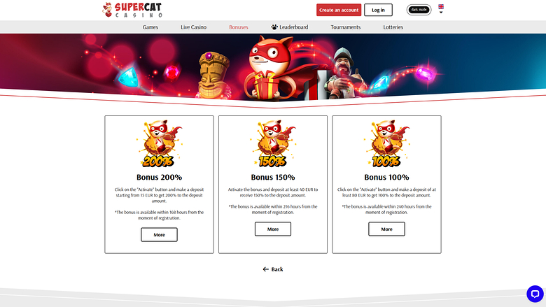 SuperCat Casino Desktop Bonuses