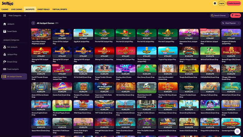 Página del jackpot del casino SweetReels