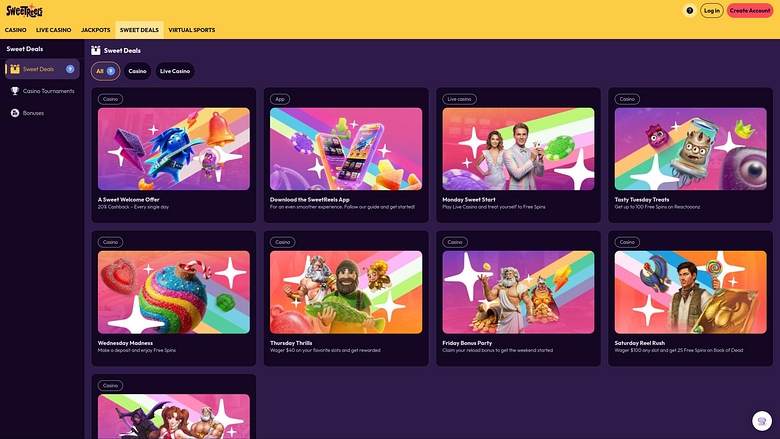 Página de promociones de SweetReels Casino