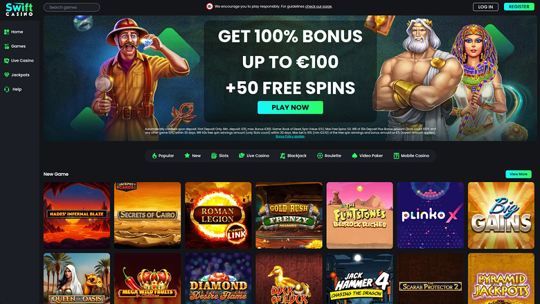 Page d'accueil de bureau de Swift Casino