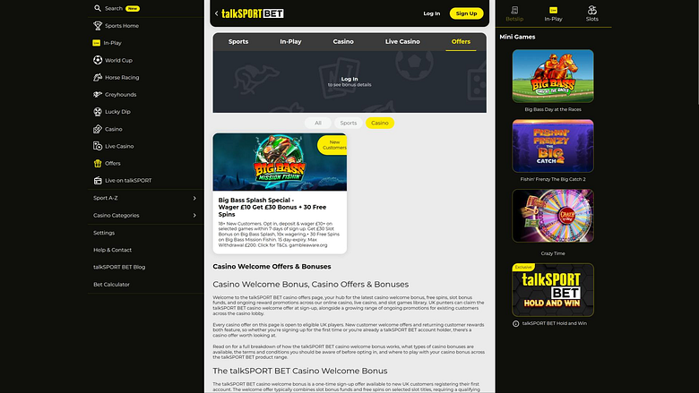 talkSPORT BET Casino promotions page