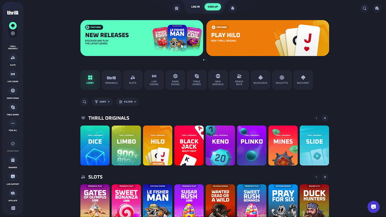 Page d'accueil de Thrill Casino pour ordinateur