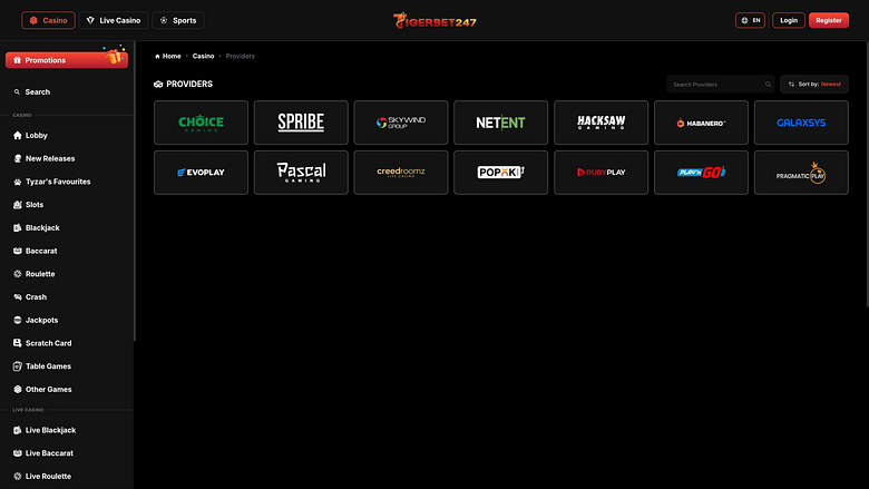 Страница разработчиков игр казино TigerBet247